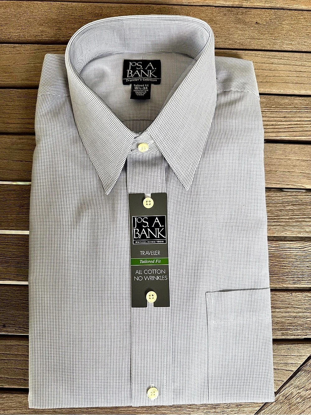 Jos. A. Bank Traveler Tailored Fit Gray & Black Mini Check Dress Shirt NWT 15½–3